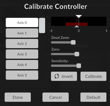Clone Hero controller calibration dialog with dead zone, zero, sensitivity and invert controls