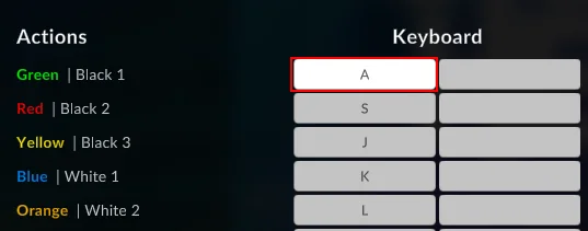 Clone Hero controls screen showing fret actions and keyboard mappings