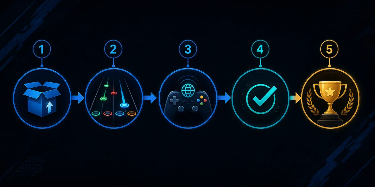 Editorial illustration of the five-step flow from game update to a verified Clone Hero leaderboard result