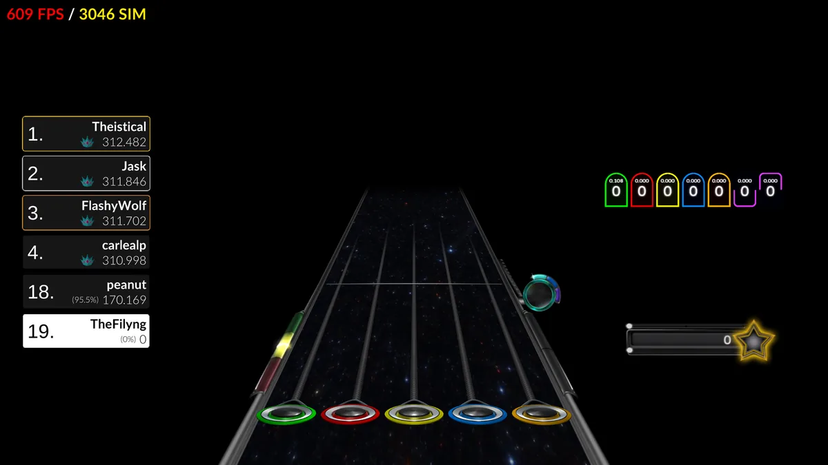 Official Clone Hero gameplay screenshot with a leaderboard overlay beside the note highway