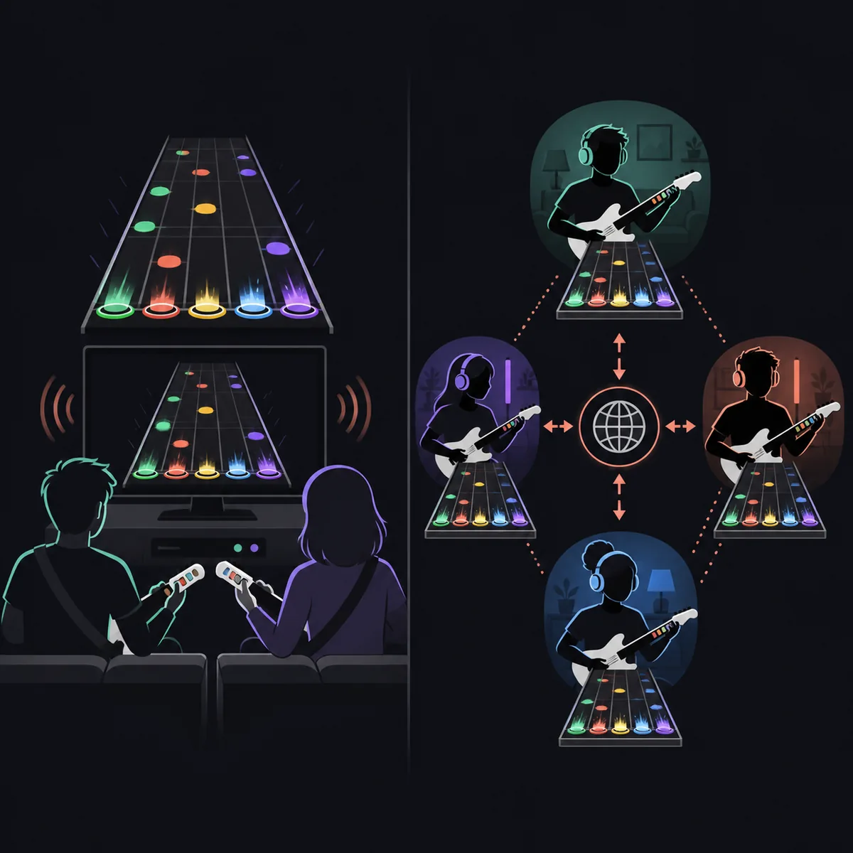 Editorial diagram comparing local Clone Hero multiplayer with online players connected through a network