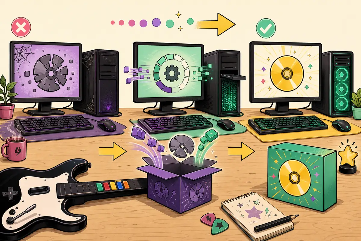Editorial illustration showing a three-stage Clone Hero update workflow from old installation to tested release
